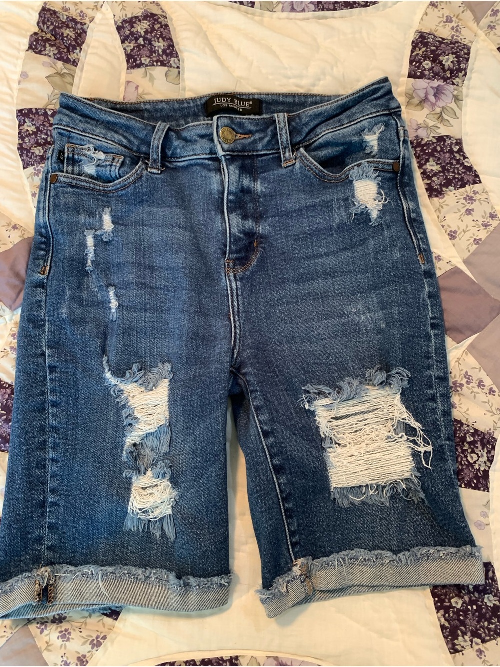Judy Blue Distressed Medium Blue Denim Bermuda Shorts